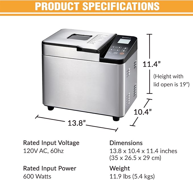 Bread Maker Machine with Ceramic Nonstick Pan, 19 Menus, 2 Pound Stainless Steel Breadmaker with Glass Touch Panel, Gluten Free, Sourdough Starter, Custom Setting, 3 Loaf Sizes & Crust Colors