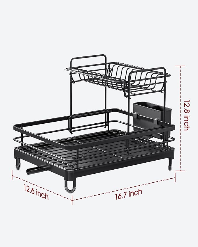 Dish Drying Rack - X-Large Stainless Steel Dish Rack for Kitchen Counter, 2-Tier Kitchen Organizers and Storage for Dishes, Bowls, Cutlery, Black