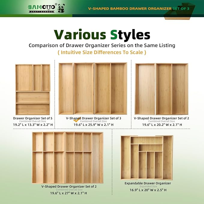 V-Shaped 3-Pack 19.6" Long Bamboo Drawer Organizer Box - Easy Reach Cutlery Tray for Flatware Silverware Utensil, Kitchen & Home Use (19.6"x5.7"/19.6"x7.8"/19.6"x12.4")