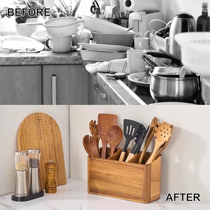 Wooden Utensil Holder for Kitchen Counter, Acacia Wood Kitchen Utensil Holder for Countertop with 4 Compartment, Cooking Utensil Organizer, Silverware Caddy (Acacia Wood, 3Compartment)