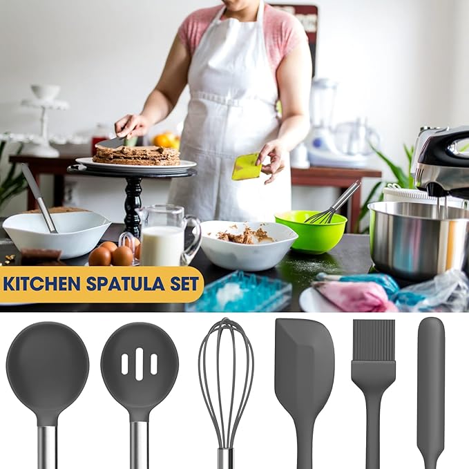 Silicone Cooking Utensil Set, Fungun Non-stick Kitchen Utensil 24 Pcs Cooking Utensils Set, Heat Resistant Cookware, Silicone Kitchen Tools Gift with Stainless Steel Handle (Gray-24pcs)