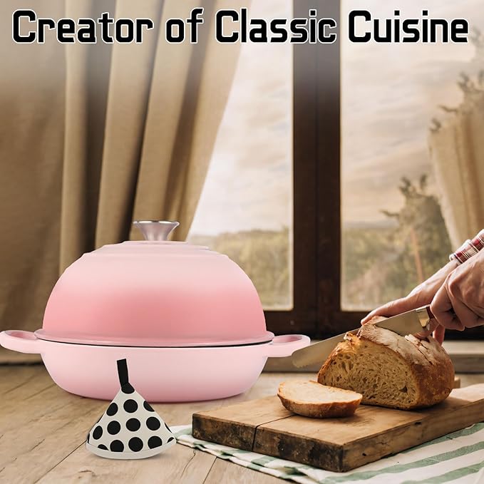 Enameled Cast Iron Bread Oven, Dutch Oven Pot with Lid & Cotton Potholder, 10" Bread Dutch Oven for Bread Baking, 6 Quarts Bread Pan with Dome Lid, Non-stick Cookware for Homemade Bread, Pink