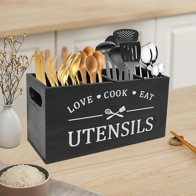 2 Pack Extra Large Kitchen Utensils Holder with 4 Compartments, Wooden Utensil Organizer for Kitchen Countertop, Farmhouse Kitchen Decor, Rustic Cooking Utensil for Knives, Forks, Spoon and Spatula