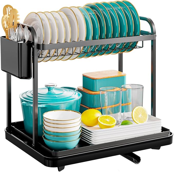 Dish Drying Rack - Stainless Steel XXX-Large Dish Rack for Kitchen Counter, 2-Tier Kitchen Organizers and Storage Rack with Drainboard Set, Multifunctional with Cutlery Holder, Black