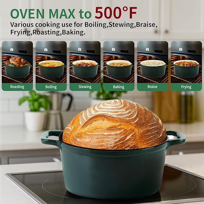 Enamel Cast Iron Dutch Oven with Lid,2.75QT Round Casserole Pot for Bread Baking, Braising,Roasting,Stews and Soups,Multipurpose Cookware,Oven Safe and Induction Compatible (2.75QT, Green)