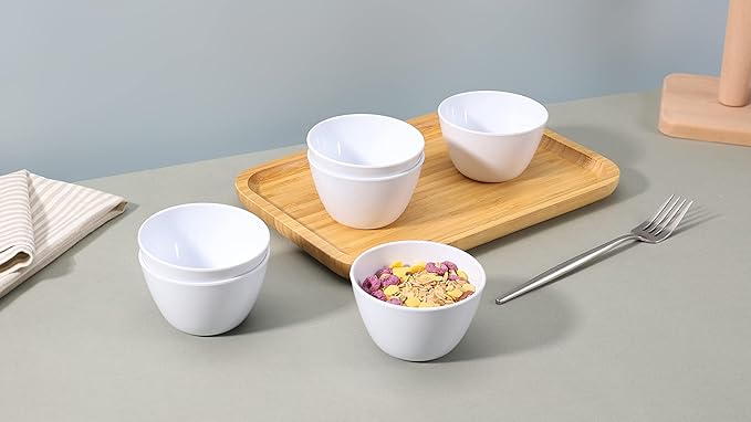 Amazon Basics Round Melamine Bowl, 8 oz, Dishwasher Safe, White, 6-Piece Set