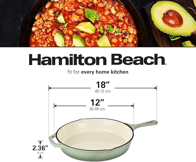 Hamilton Beach Enameled Cast Iron Fry Pan 12-Inch Sage, Cream Enamel Coating, Skillet Pan For Stove top and Oven, Even Heat Distribution, Durable
