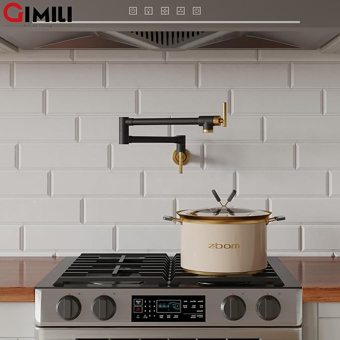 GIMILI Black and Gold Pot Filler Commercial Wall Mount Faucet Folding Double Joint Swing Arm Pot Filler Rotatable Wall Faucet