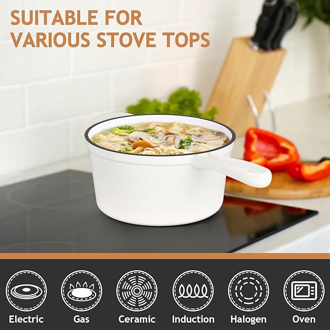 TeamFar Enameled Cast Iron Sauce Pan, 2QT Small Sauce Pot with Lid, Mini Dutch Oven Saucepan for Cooking/Boiling/Simmering/Baking, Sturdy & Nonstick, Oven Safe & Fit for Induction- White