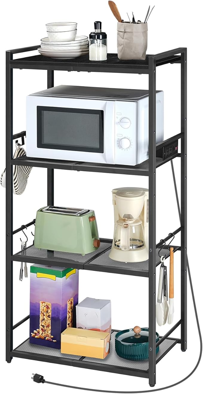 Bakers Rack with Power Outlet, Microwave Stand with Hooks, Multifunctional Storage Rack, Coffee Bar with Enclosure, Kitchen Storage Shelf, for Kitchen, Dining Room, Black BRHB40E01
