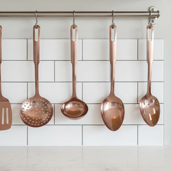 Amco 5-Piece Stainless Steel Cooking Utensil Set, Copper Finish - Includes Kitchen Ladle, Slotted Turner, Skimmer, Solid Spoons - 14" with Hanging Holes for Easy Storage, Durable Kitchen Gadgets