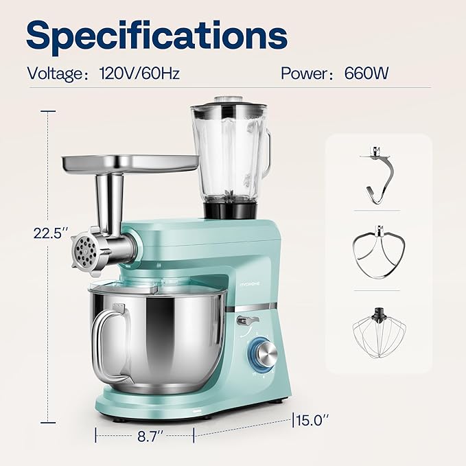 VIVOHOME 6-in-1 Stand Mixer, 8.5 Quart Electric Tilt-Head Kitchen Mixer with Bowl, Multifunctional Food Mixer for Cake, Bread, and Dough, with Meat Grinder, Blender, Pasta Maker Attachments, Blue