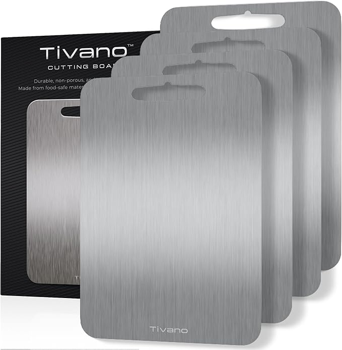 Original Tivano TitaniumShield Cutting Board 12"x8" Metal Pro | Ultra Durable, Dishwasher Safe, Heat Resistant, Odor & Stain Free, Knife Friendly, Non Toxic Kitchen Board (4)