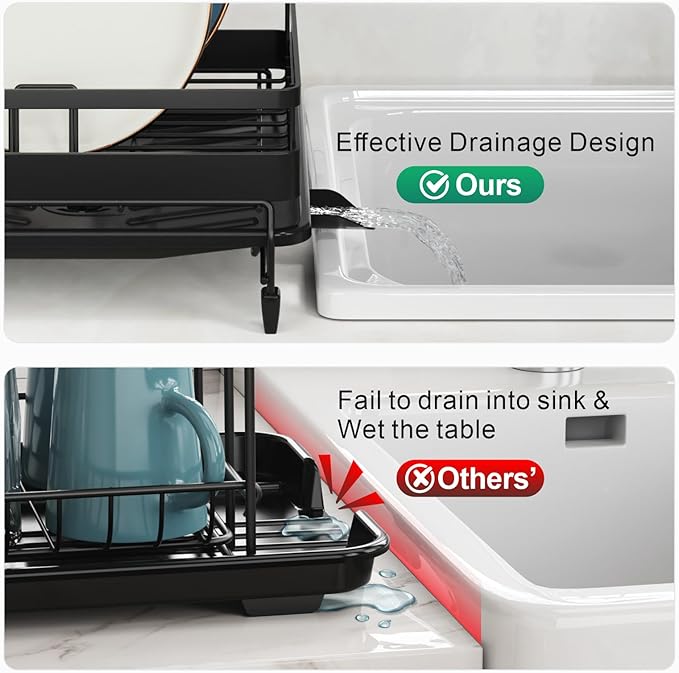 GSlife Large Expandable Dish Drying Rack for Kitchen Counter - Adjustable Dish Drainer with Pans Slots, Rust-Resistant Dish Rack with Utensil Holder and Drainboard, 16.5"-24.4" L x 12.6" W Black