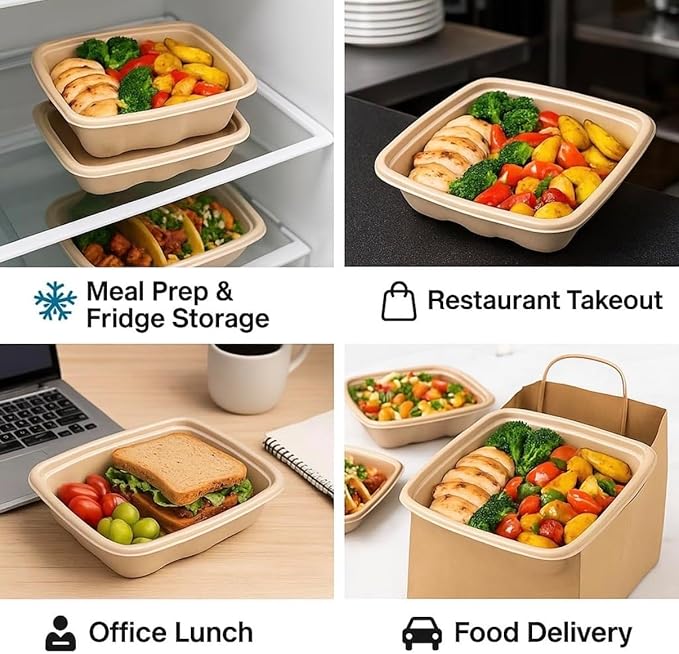 100 Pack 750ml Compostable Food Containers with Lids | Leak-Proof | Microwave & Freezer Safe | Eco-Friendly Meal Prep & Takeout Boxes (200)