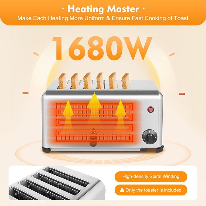 6 Slice Bread Toaster, 1680W Stainless Steel Commercial Toaster with Wide Slots, One-Piece Mold, Timing, Bread Baking Machine for Bagels Muffins Waffles (Home, Restaurant, Bakery)