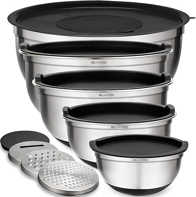 Belwares Mixing Bowls with Airtight Lids - 8PCS Stainless Steel Nesting Mixing Bowls Set Non-Slip with 3 Grater Attachments, Kitchen Bowls, Sizes 5, 4, 3.5, 2, 1.5QT for Baking & Food Prep (Black)