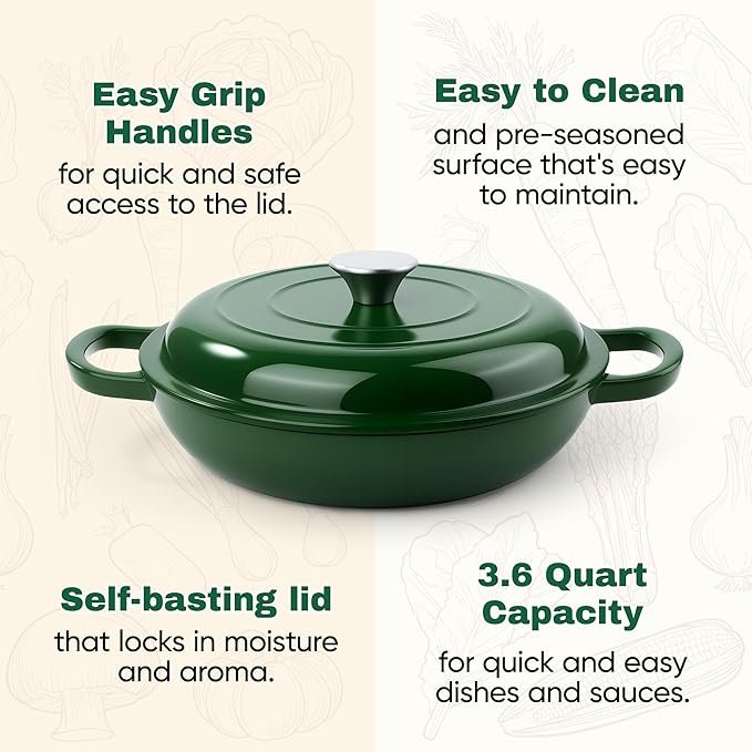 3 Quart Enameled Cast Iron Braiser, Non Stick Enameled Cast Iron Skillet with Lid, Dutch Oven Skillet with lid up to 500°F for Oven, Stove, Grill, Shallow Dutch Oven for Cook, Bake (Green)