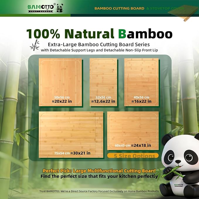 12.6 x 22 Inch Bamboo Cutting Board, Over-the-Sink and Stovetop Cover Board with Detachable Legs & Front Lip, Space Saving Countertop Board