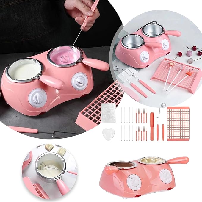 Chocolate Melting Pot with Dual Bowls, 2-Speed Temperature Fondue Maker, Chocolate Melter DIY Moulds for Cheese, Butter, 8.45oz Fondue Warmer Machine for Candy, Desserts, Home Parties Baking (Pink)