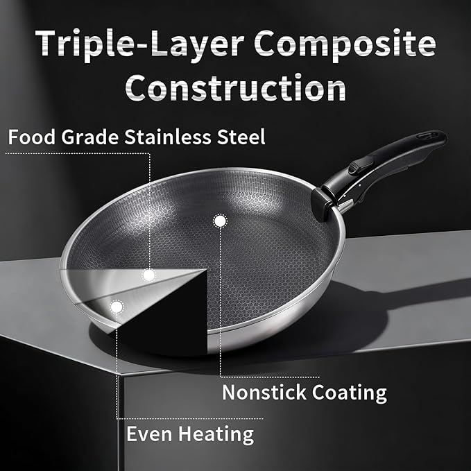 3-Piece Stainless Steel Pan Set with Detachable Handle, Oven Safe Cooking Pan, Multiple Sizes Skillets (10,11,12.5 inch), Induction & Cooktop Compatible Frying Pan