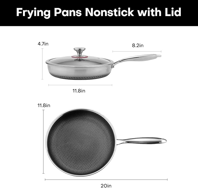 Lazycorner Non Stick Frying Pans Skillet with Lid, 12 Inch Stainless Steel Kitchen Cookware Pots, Non toxic Healthy Induction Compatible PFAS PTFE PFOA PFOS Free