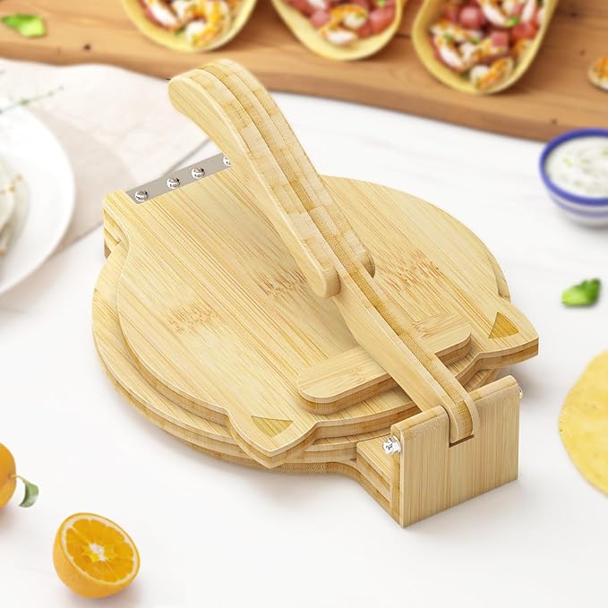 Tortilla Press 10 Inch - Bamboo Quesadilla & Roti Maker with Parchment Paper Sheets & Dough Cutter for Homemade Flour Corn Tortilla, Wood Tortillera Pataconera Tortilla Maker for Home Baking