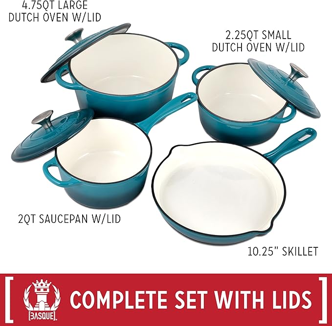 Basque Enameled Cast Iron Cookware Set, 7-Piece Set (Biscay Blue), Nonstick, Oversized Handles, Oven Safe; Skillet, Saucepan, Small Dutch Oven, Large Dutch Oven, 10.25", 2QT, 2.25QT, 4.75QT