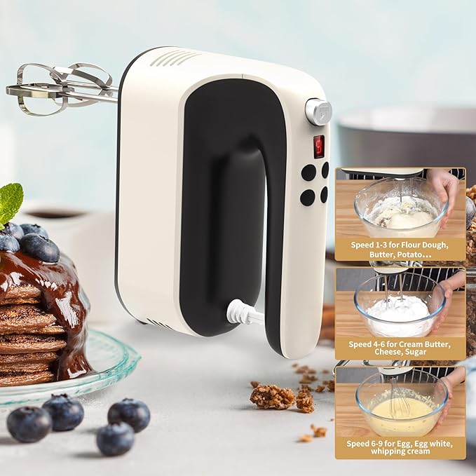 9-Speed Digital Hand Mixer Electric, 400W Powerful DC Motor, Hand Mixer Electric Handheld with Snap-On Storage Case, 5 Stainless Steel Accessories, Beaters, Dough Hooks, Whisk(Creamy/Black)