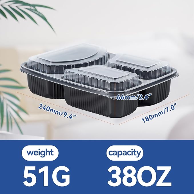 Take Out Containers 38 oz 40 Pack - Shrink Wrapped 3 Compartment Leakproof Catering | BPA Free PP Plastic Microwave & Freezer Safe | Flexible Reusable Commercial Black Lunch Boxes with Lid