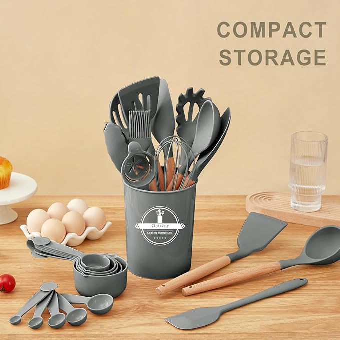 Kitchen Utensils Set - 34 PCS Non-Stick Silicone Cooking Utensils Set Spatula Set with Holder, Wooden Handle Spoon,Brush,Whisk Kitchen Gadgets Tools Set for Nonstick Cookware (Gray-34P)