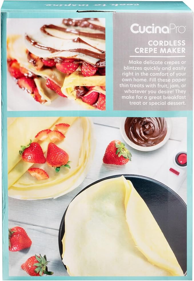 CucinaPro Cordless Crepe Maker- Easter Breakfast Essential w FREE Recipe Guide, Non-Stick Dipping Plate, Electric Base, Batter Spatula- Portable Hot Plate Compact Baker, Morning Dessert Gift for Her