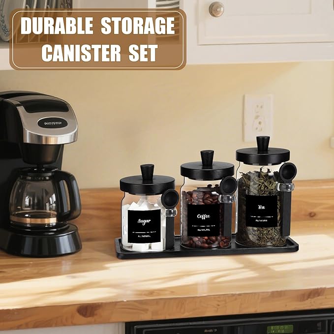 Suclain 3 Pcs Glass Coffee Container with Wooden Lid Spoon Shelf Labels Clear Airtight Jar Food Storage Canister Set for Sugar Spice Coffee Bean Holder Housewarming Gift (13.5,20,25 oz,Black Bamboo)