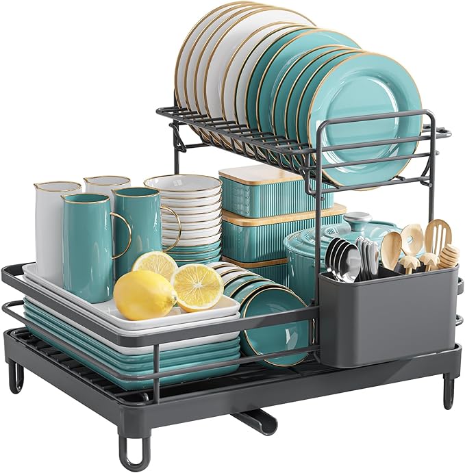 Dish Drying Rack - X-Large Stainless Steel Dish Rack for Kitchen Counter, 2-Tier Kitchen Organizers and Storage for Dishes, Bowls, Cutlery, Gray