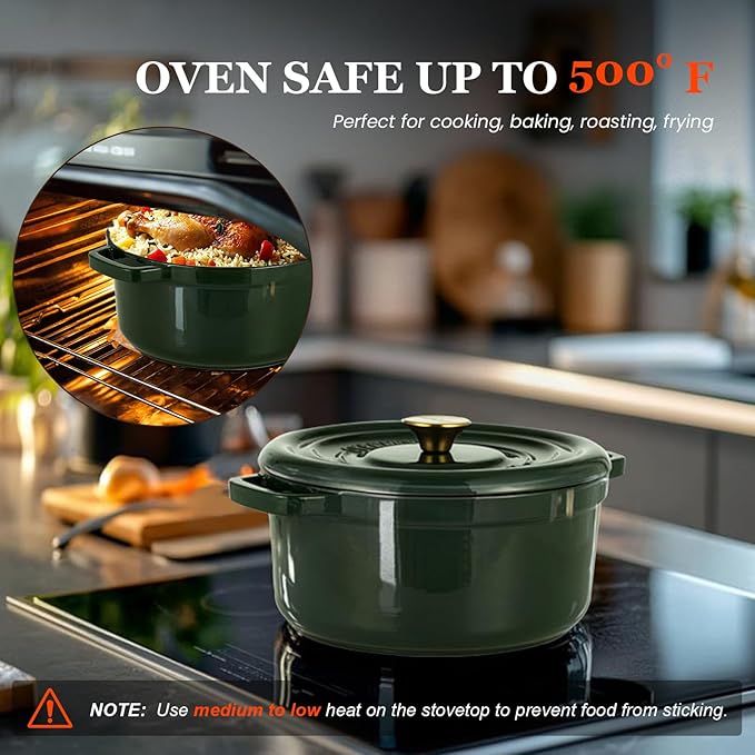 Overmont Enameled Cast Iron Dutch Oven - 5QT Pot with Lid Cookbook & Cotton Potholders - Heavy-Duty Cookware for Braising, Stews, Roasting, Bread Baking moss