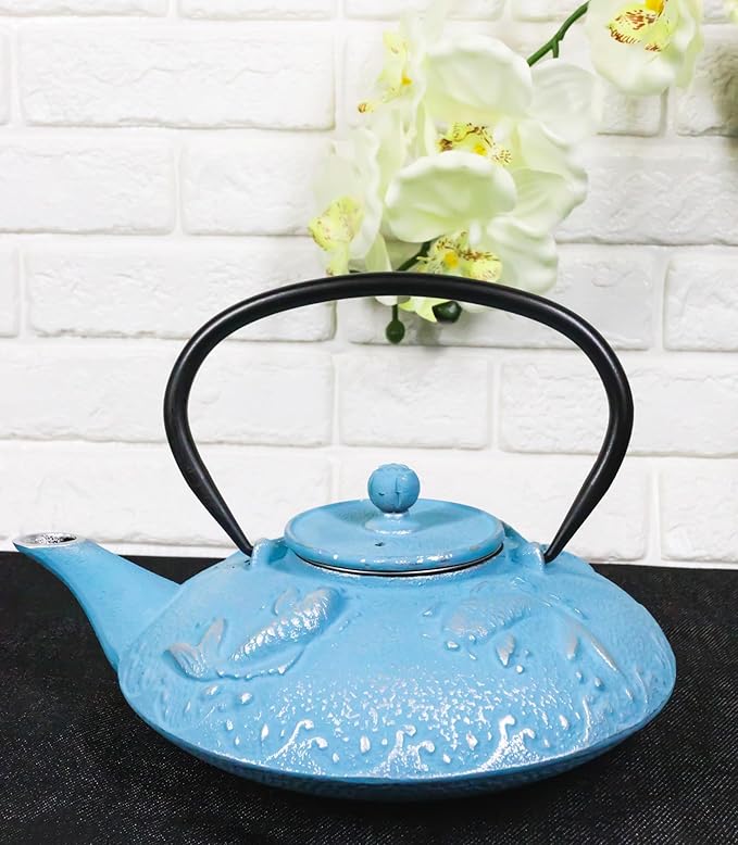 Ebros Gift Traditional Oriental Tetsubin Cast Iron Teapot With Enameled Interior 27oz Asian Japanese Chinese Fusion Housewarming Tea Pot Accent (Turquoise Blue Auspicious Koi Fishes)