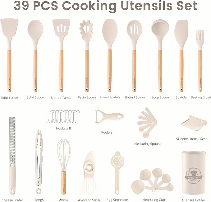 Astercook Silicone Cooking Utensils Set, 38 PCS Kitchen Utensils Set for 446°F Heat Resistant, Food Grade Utensil Sets with Wooden Handle, Kitchen Gadgets for Nonstick Cookware BPA Free (White)