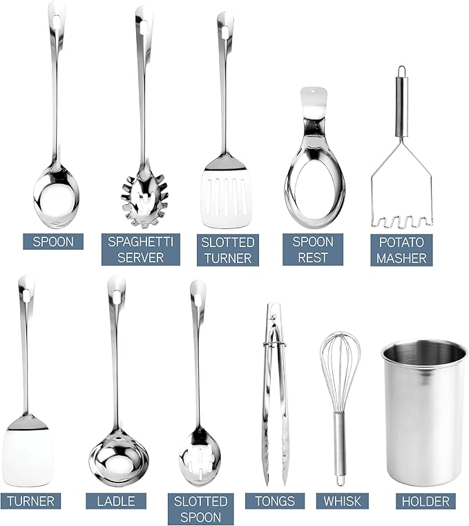 COOK WITH COLOR Kitchen Utensil Set - 10-piece premium Nonstick & Heat Resistant Kitchen Gadgets, Turner, Spaghetti Server, Serving Spoons, Whisk, Tongs, Masher & Utensil Holder, Stainless Steel