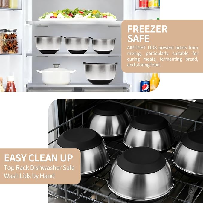 Deedro Premium Mixing Bowls with Airtight Lids Set, 22Pcs Thicker Stainless Steel Mixing Bowl Set, Large Prep Metal Bowls, Non-Slip Silicone Base Nesting Bowls for Kitchen, 1.5/2/3/4/5 QT, Black