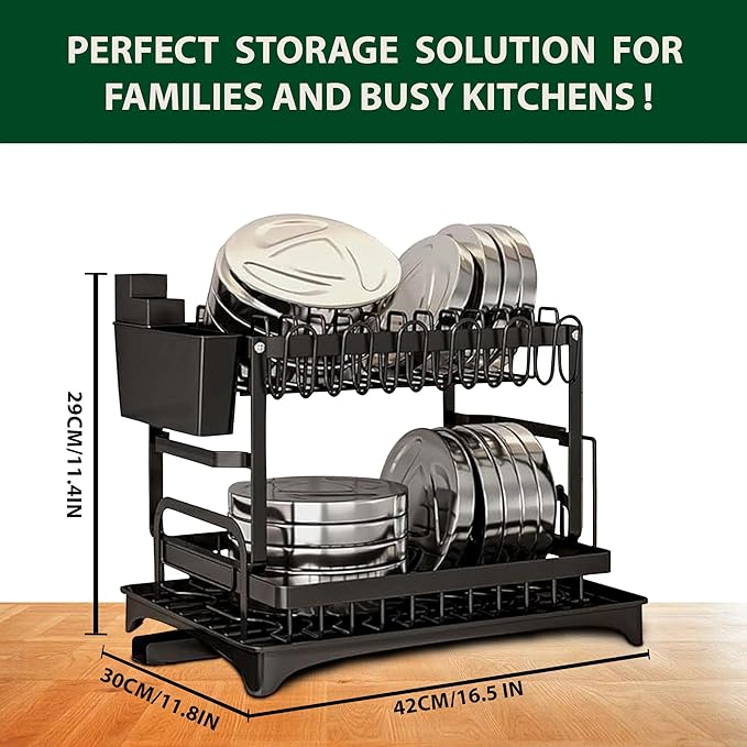 2-Tier Dish Drying Rack with 360° Rotating Drainage Spout, Heavy-Duty Rustproof Dish Rack with Utensil Holder & Storage Basket, Compact Space-Saving Design for Kitchen Counter Organization