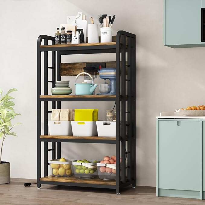 Bakers Rack with Power Outlet ,4-Tier Kitchen Baker's Rack,Microwave Stand with Storage Suitable for Kitchen, Living Room, Dinning Room,Coffee Bar(Rustic Brown)