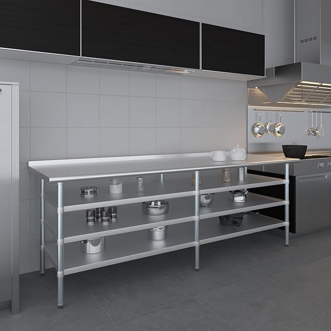 AmGood Stainless Steel Work Table with 1.5" Backsplash and 3 Shelves | Metal Kitchen Food Prep Table | NSF (96" Long x 30" Deep)