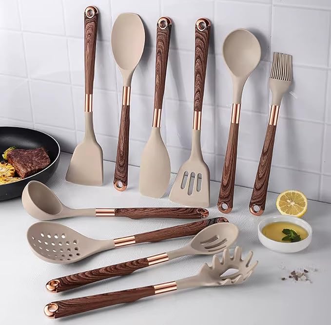 11-Piece Premium Silicone Kitchen Utensil Set with Holder - Heat-Resistant Cooking Tools with Wooklike Grain Handles & Rose Gold Accents - Nonstick Utensils for Modern Home Cooks.