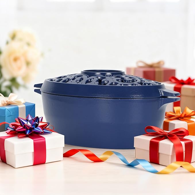 Wood Stove Steamer Humidifier, 2.5 Quart Cast Iron Pot with Porcelain Enamel Coating & Lattice Top, Rust Resistant, Decorative Humidifier for Fireplace, Home Indoor Use (Blue)