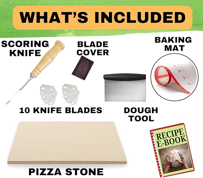 20 inch Baking Stone for Bread, with Stainless Steel Dough Tool, Bread Knife for Dough Scoring, and 22 inch Baking Mat Set - Large Baking Stone for Oven - 20" x 13.5" Rectangular Oven Stone