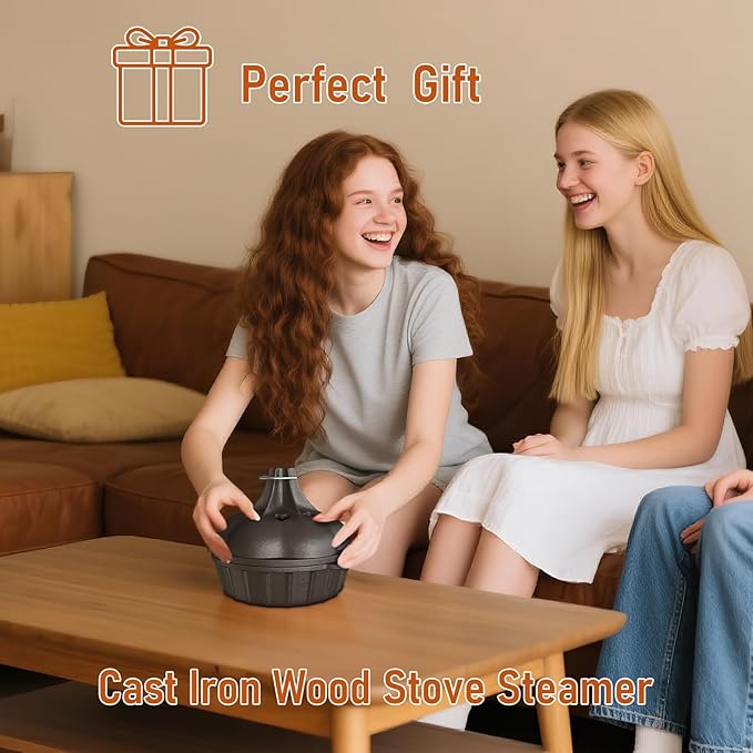 Wood Stove Steamer & Woodstove Steamer Stove Humidifier Cast Iron, 2.3 Quart Round Fireplace Humidifier & Simmer Pots with Heart-shaped Vent At The Top Covers (Round-1)
