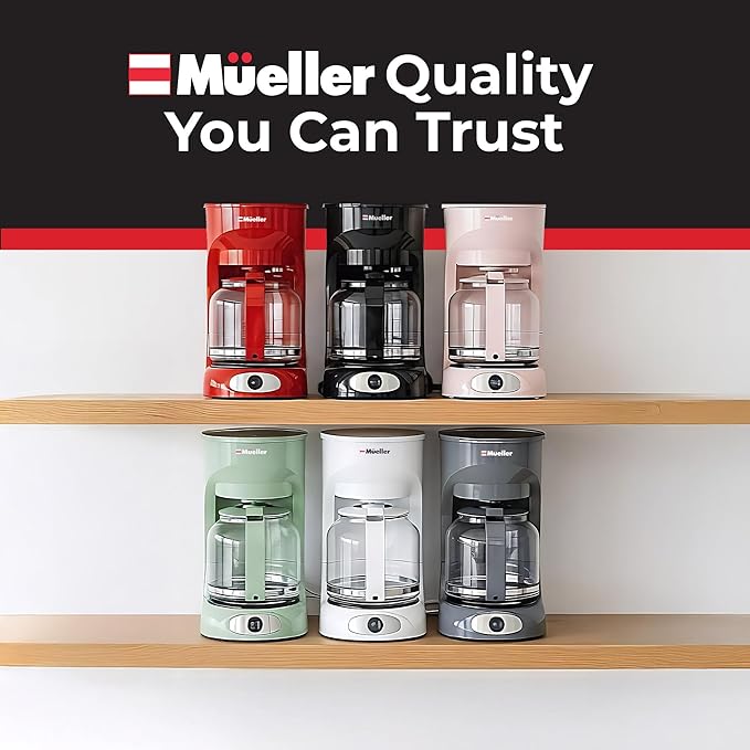MUELLER HOME 12-Cup Red Coffee Maker - Perfect for Home or Office, Borosilicate Carafe, Auto-Off, Reusable Filter, Anti-Drip, Keep-Warm Function, Clear Water Level Window, Red Kitchen Accessories