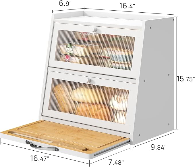 White Bread Box for Kitchen Counter With Cutting Board, 2-Tier Bread Box, Bamboo Wood Large Capacity Bread Storage Bin with Acrylic Wavy Door Panel