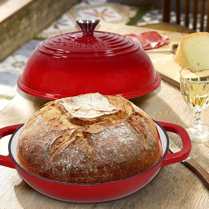 Enameled Cast Iron Bread Oven, 6 Quart Dutch Oven for Bread Sourdough Baking, 11" Thick Enamel Bread Baking Pan Kit with Lid for Stews, Roasts and Gifts for Family, Red