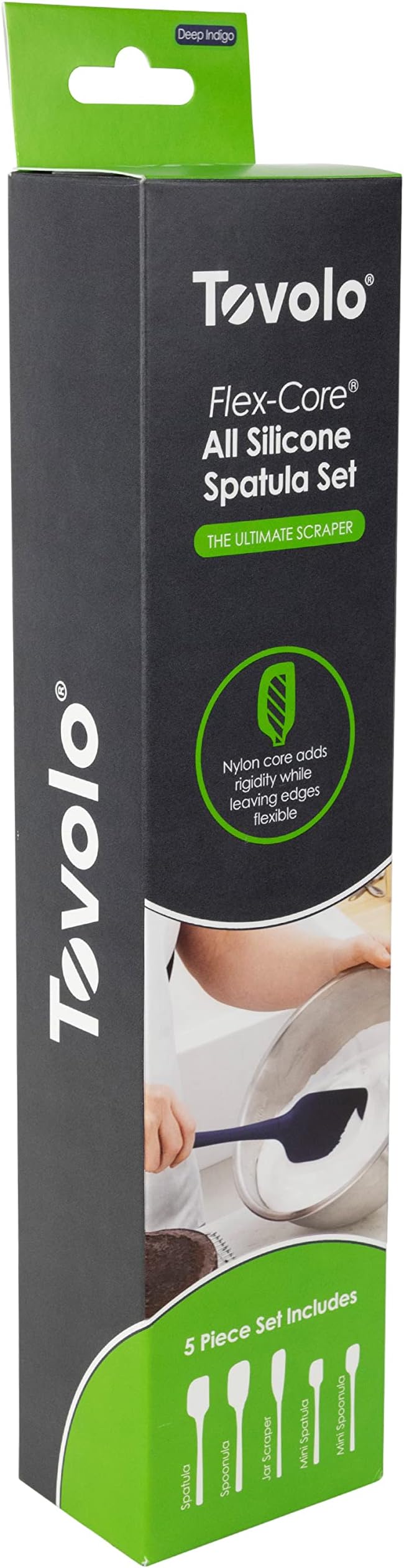 Tovolo Flex Core 5 Piece Silicone Spatula Set Heat Resistant All Silicone Utensils Include Non Stick Spatula Spoonula Jar Scraper, Dishwasher Safe BPA Free Spatulas for Baking Mixing, Deep Indigo